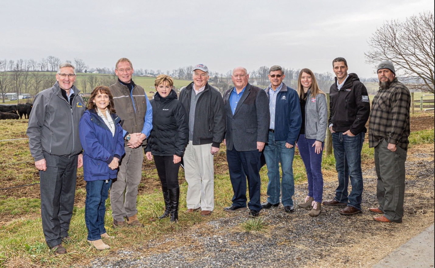 L to R: Secretary Russell C. Redding, PA Dept. of Agriculture; PA State Representative Barbara Gleim; Dr. Jim Holt, chief veterinarian, Keystone Farm Future; Larisa Miller, president & CEO, Keystone Farm Future; Scott Karns, president & CEO, Karns Foods; Congressman Glenn GT Thompson, ranking member of the House Ag committee; PA State Representative David Zimmerman; Andrea Karns, VP of Marketing, Karns Foods; PA State Representative Clinton Owlett; Dave Rodgers, chief herd manager, Keystone Farm Future